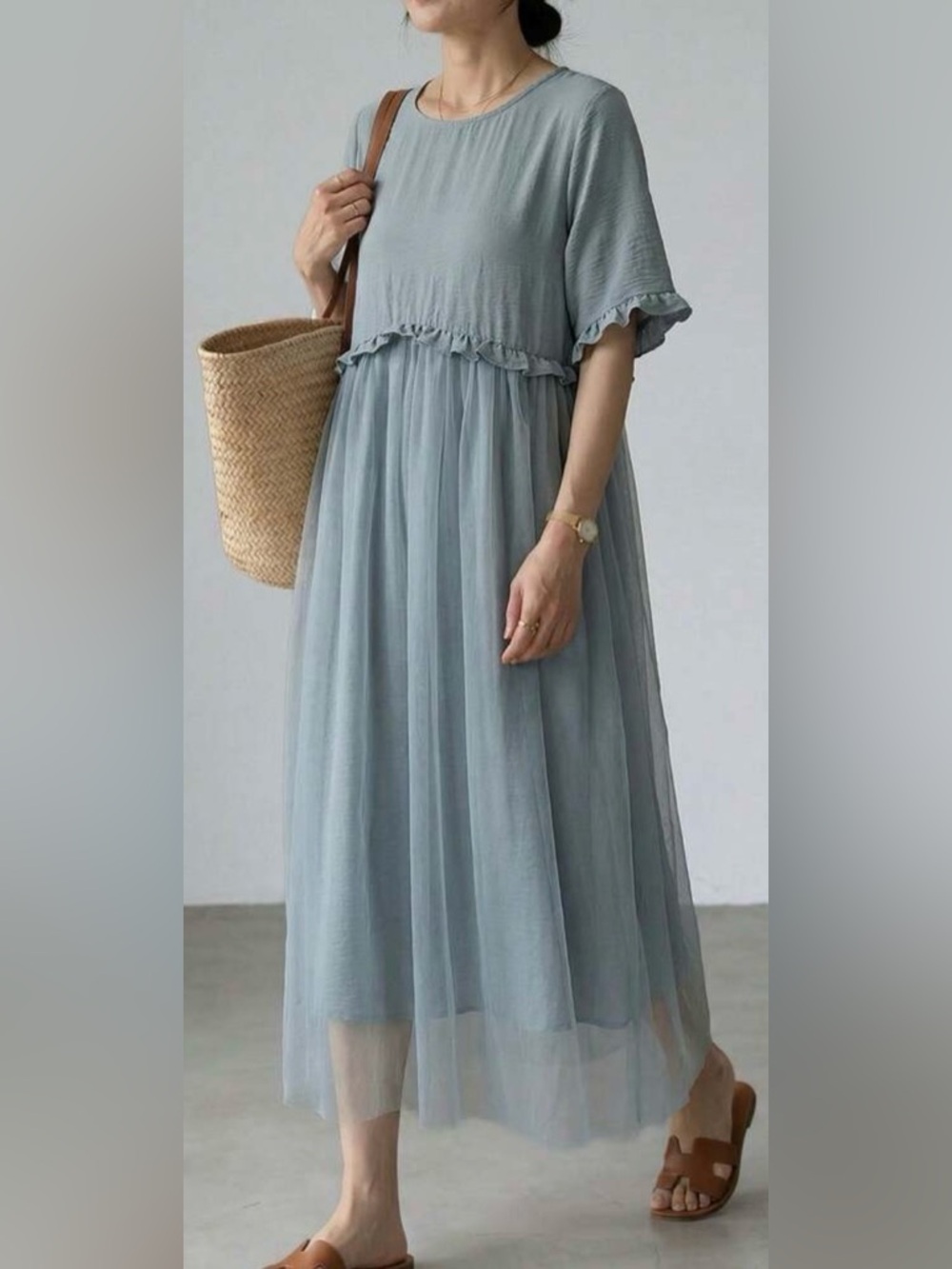 SHEIN Sage Green Layered Midi Tulle Dress with Ruffle Waist